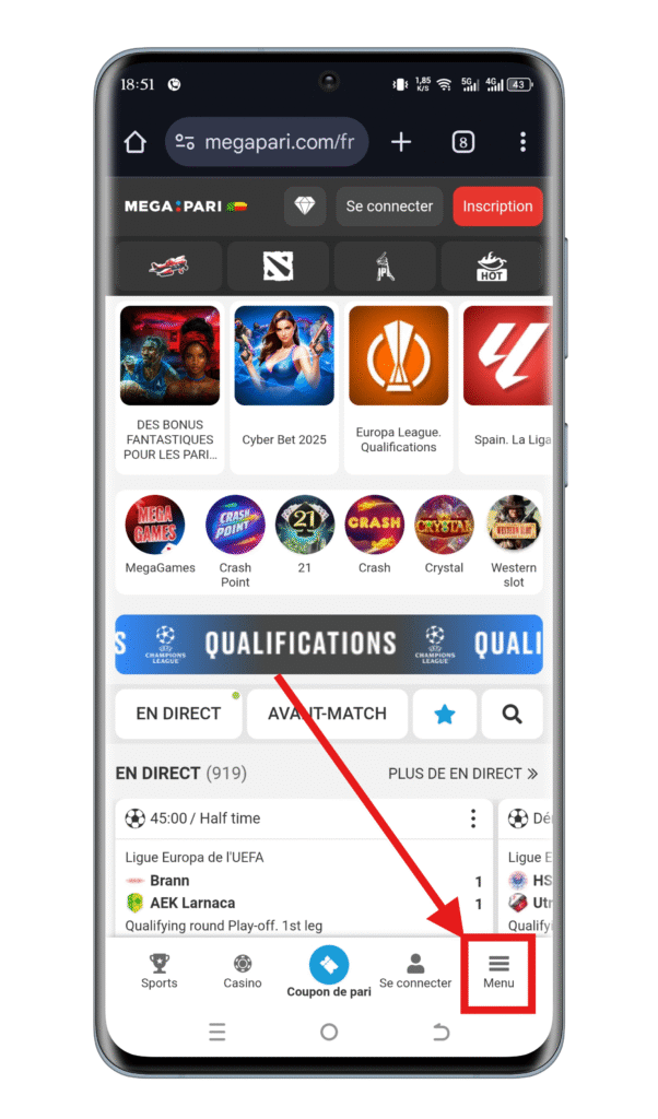 Accéder au menu de Megapari