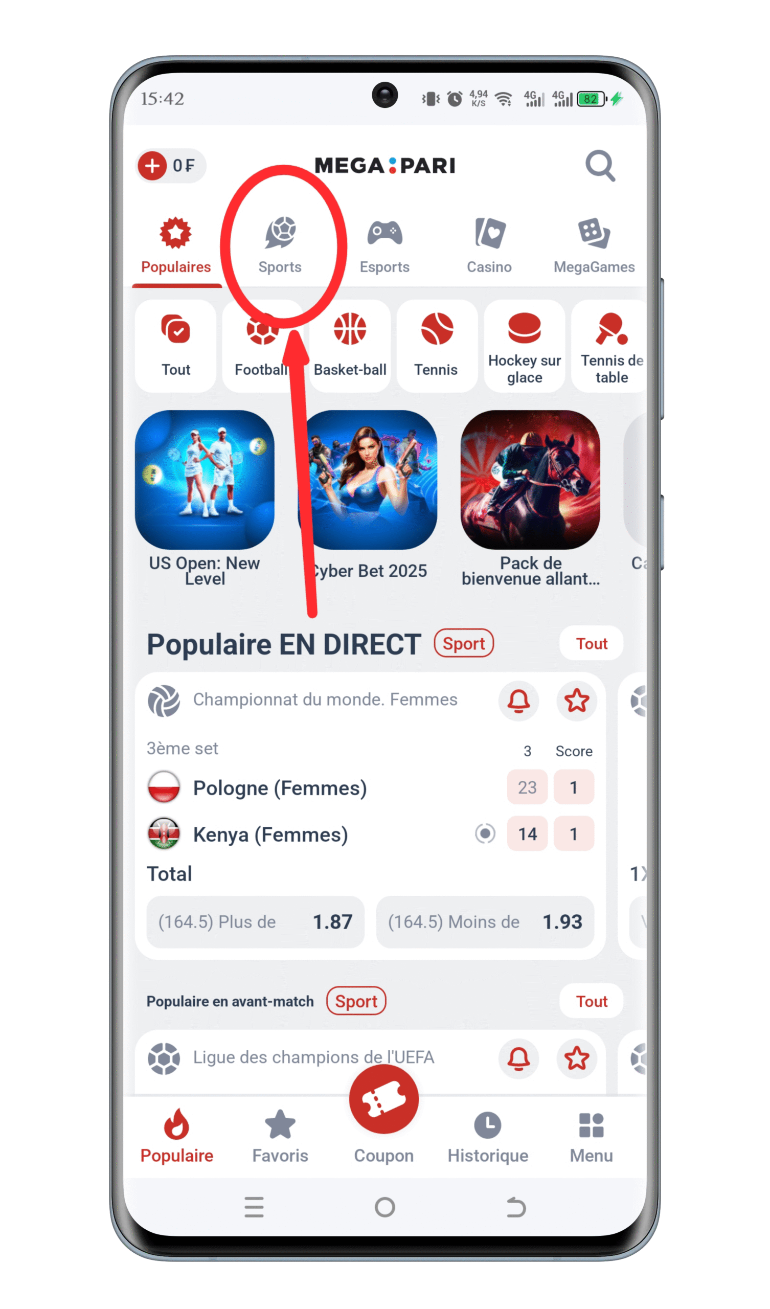 Accéder à la section « Sports »
