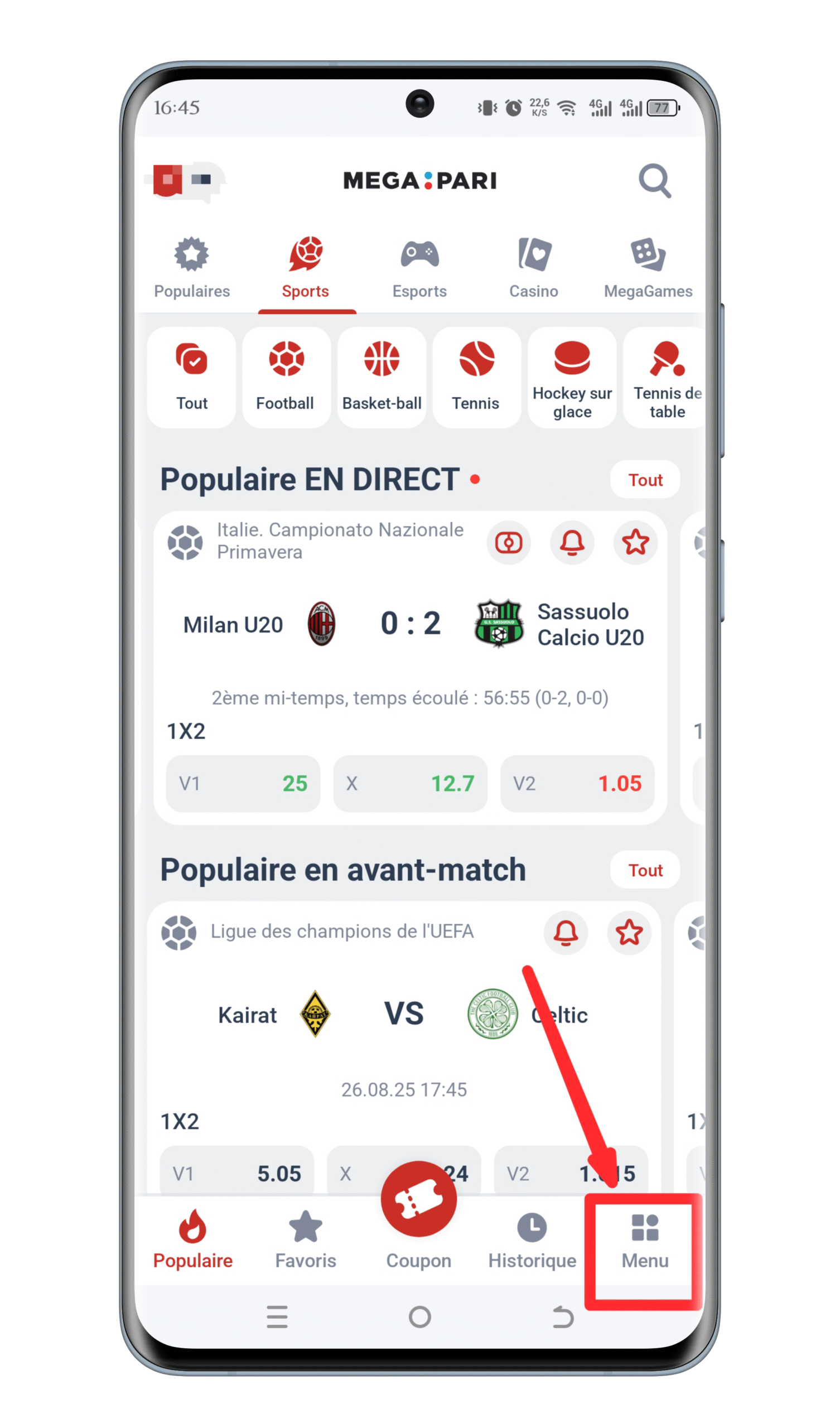 Ouvrer l’application et cliquez sur le « Menu »