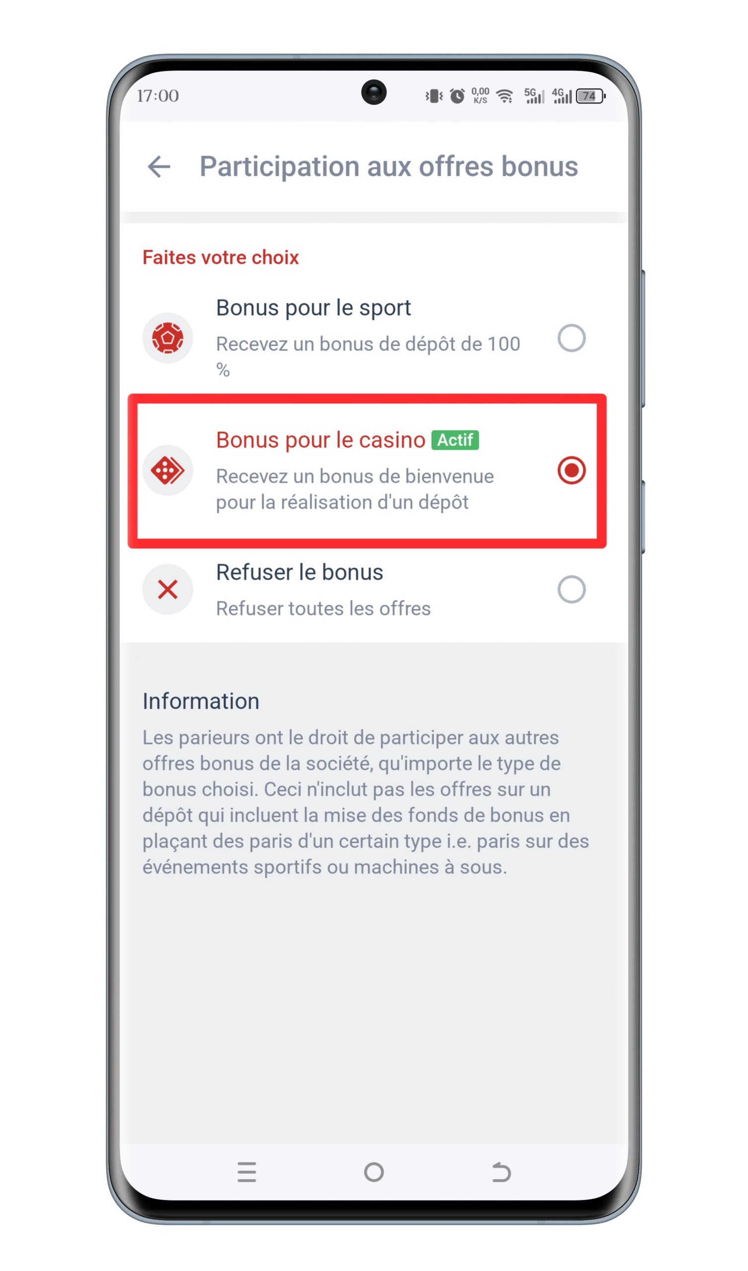 Choisissez le bonus qui vous intéresse