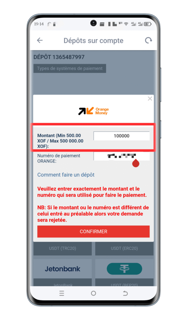 Saisir le montant à déposer