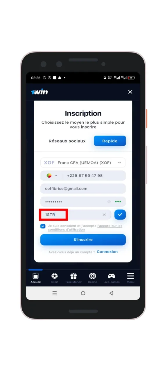 Remplir le formulaire avec le code promo 1win « 1STR »
