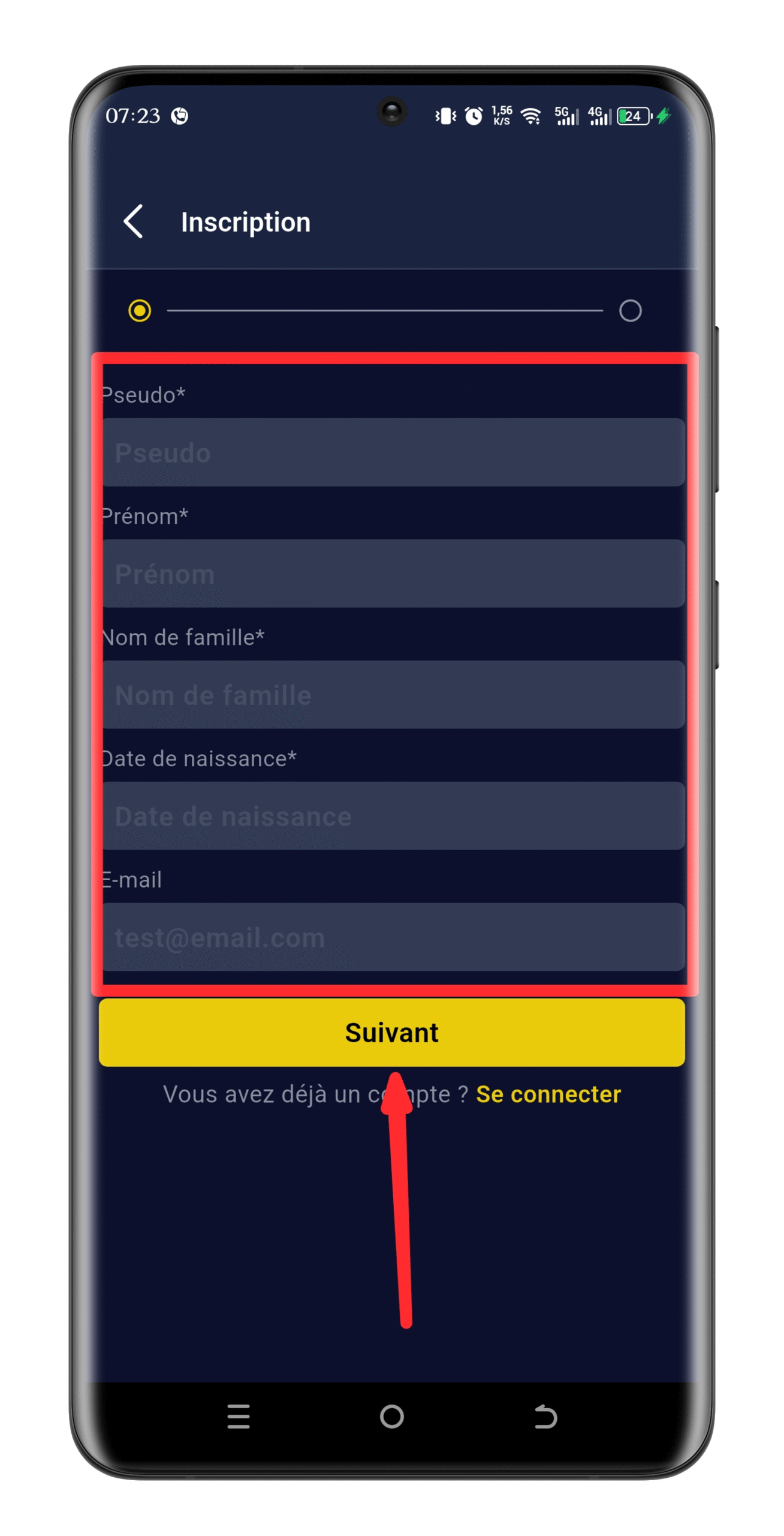 Remplir le formulaire d'inscription