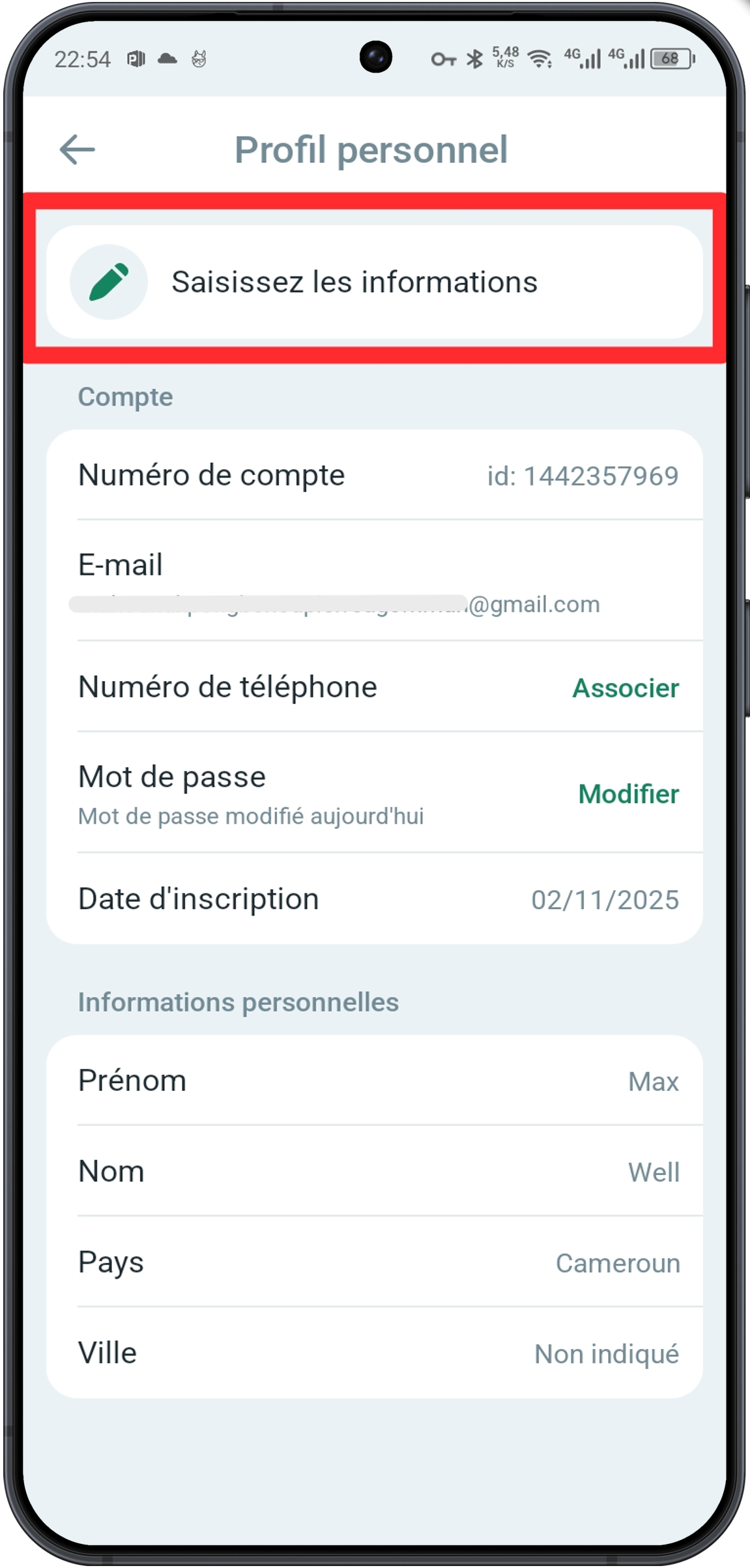 Appuyer sur « Saisissez les informations »