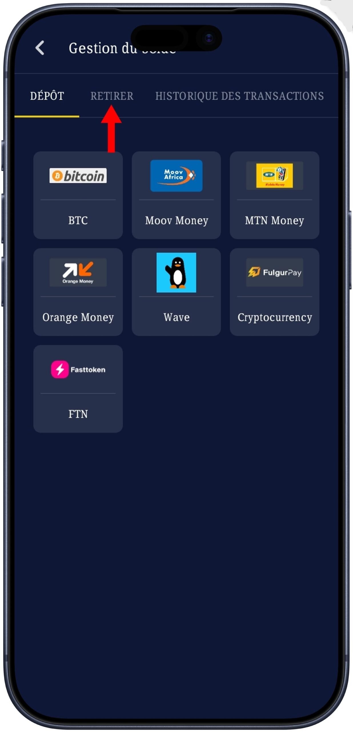 Aller dans la section « Retrait »