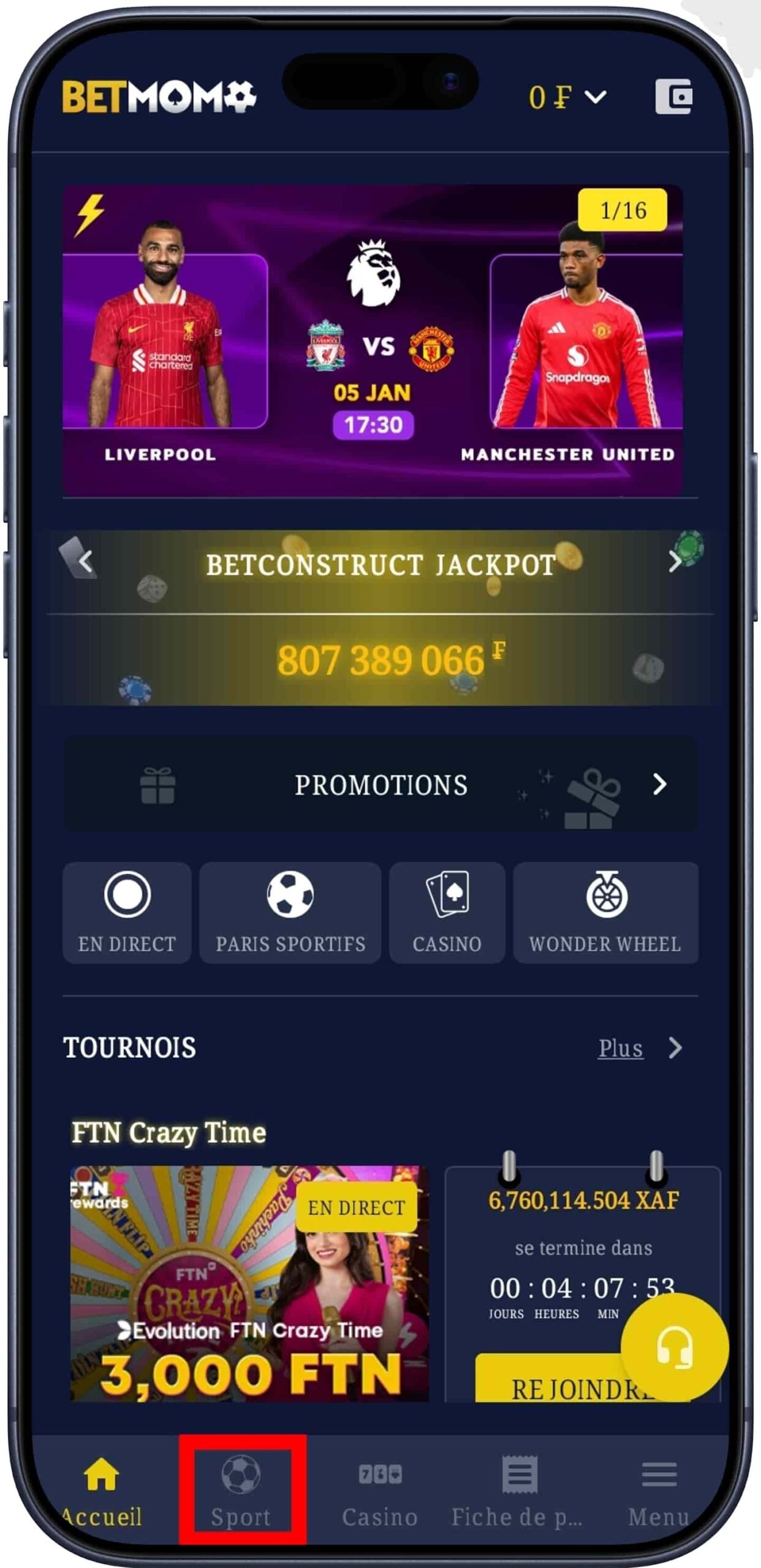 Cliquer sur l’onglet « Sports »