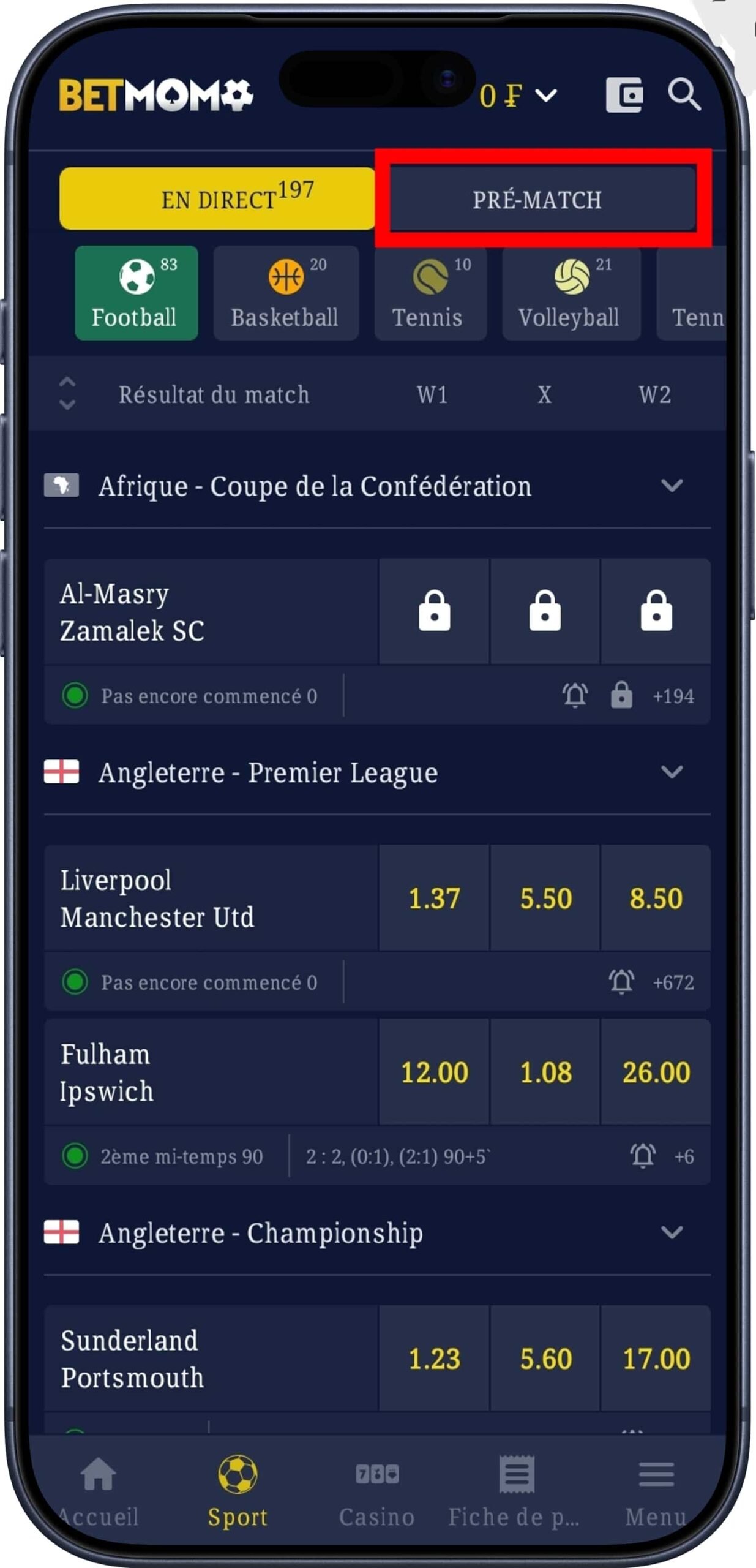 Opter pour le Live ou le Pré-Match