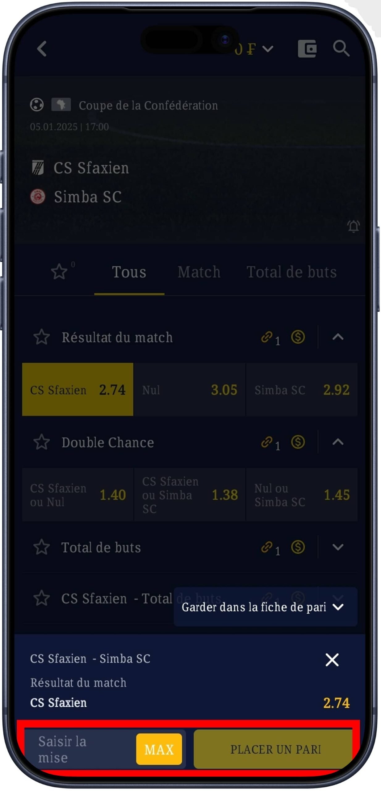 Saisir la mise et valider