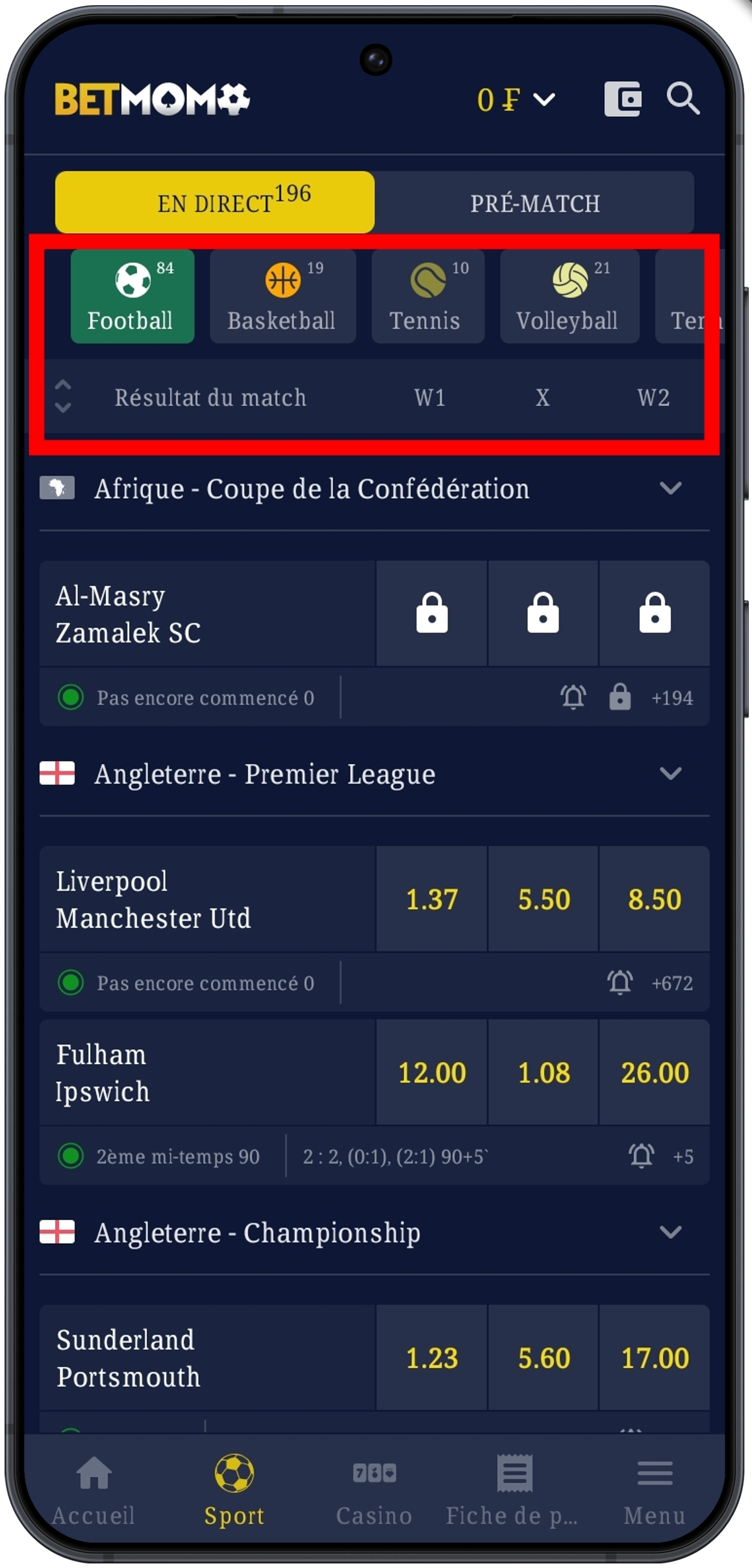 Choisir votre sport (ici Football)