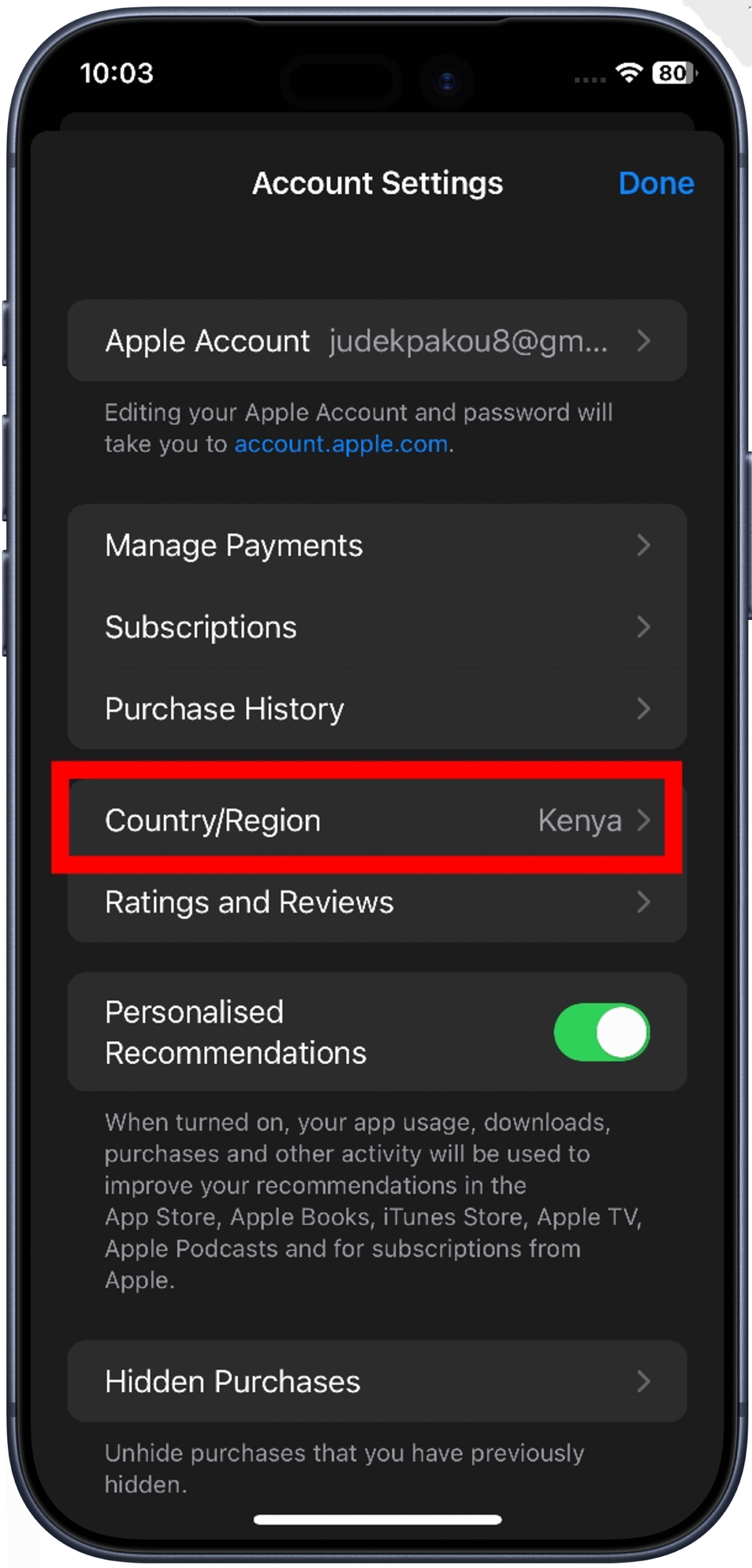 Cliquer sur “Pays/Région”