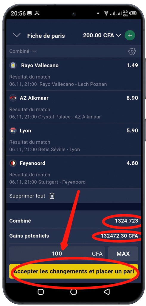 Entrer la mise et valider