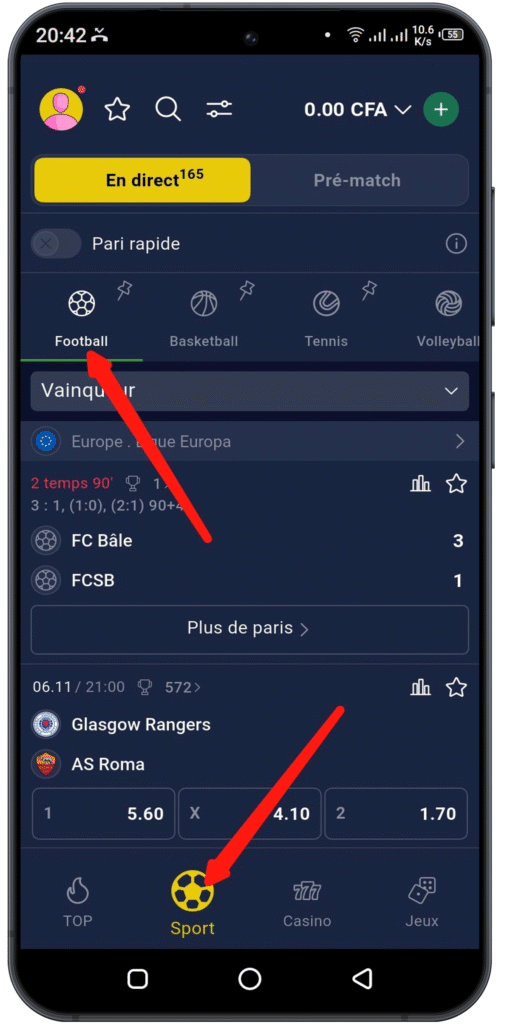 Choisir le sport et le match