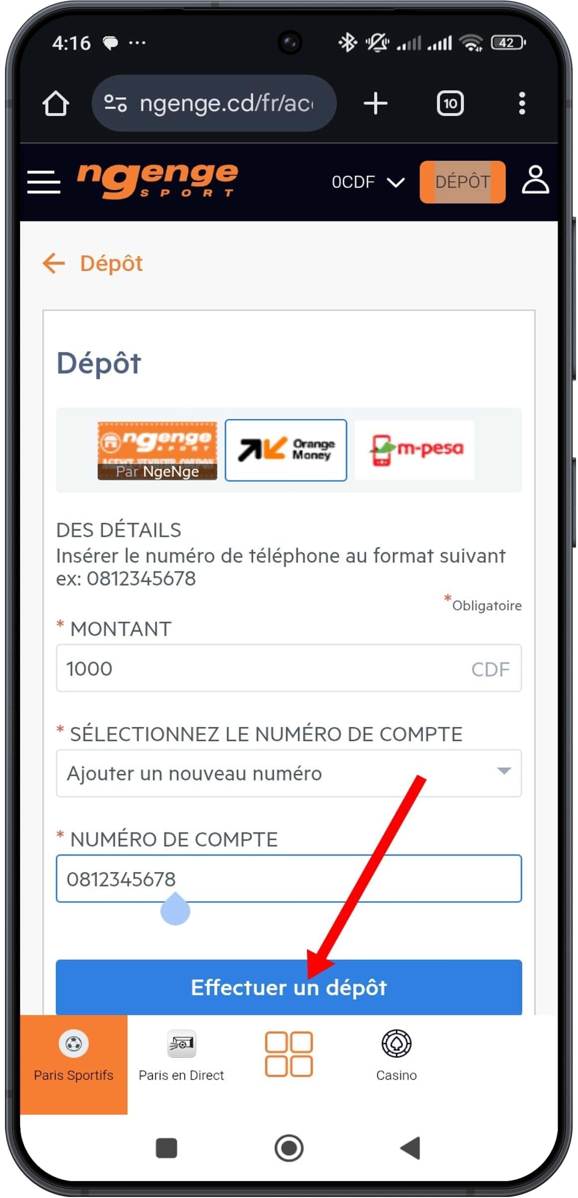 Cliquer sur « Effectuer un dépôt »