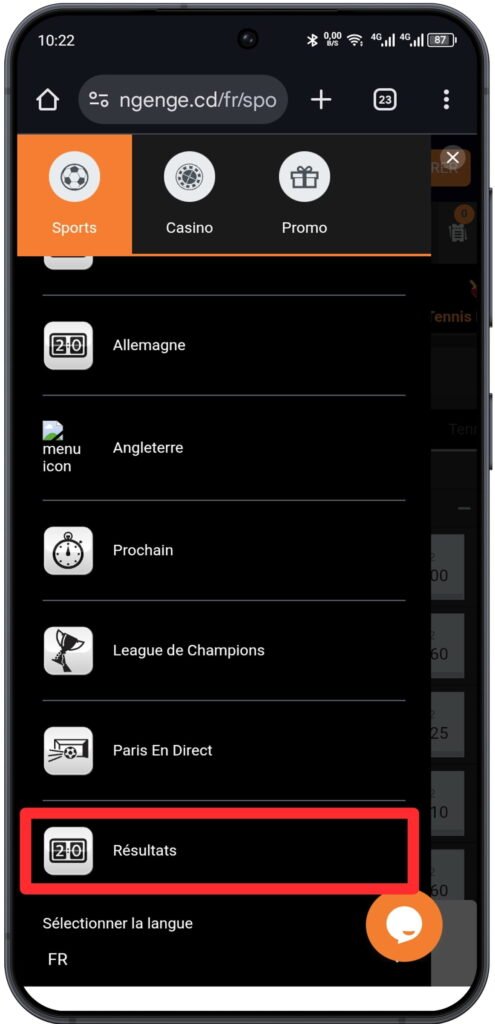 Défiler la page pour trouver l’option “Résultats”