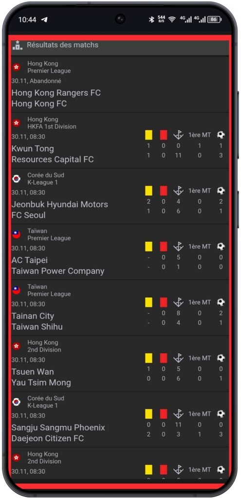 Consulter les résultats des matchs en cours et terminés