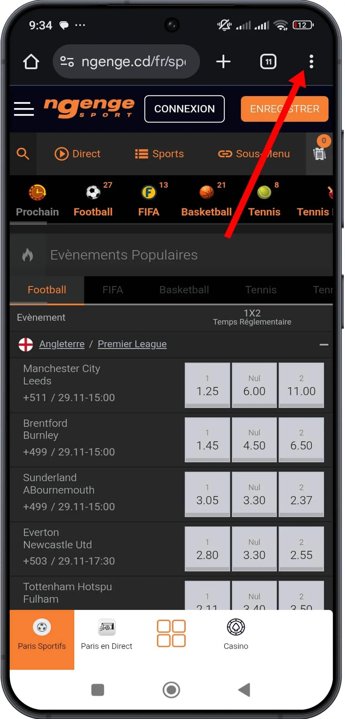 Se rendre dans le menu du navigateur