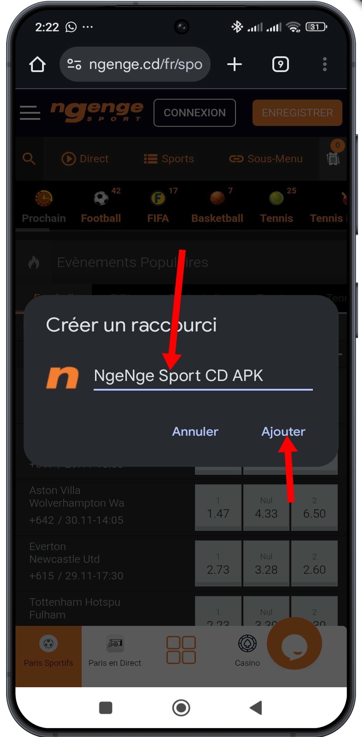 Nommer et valider le raccourci