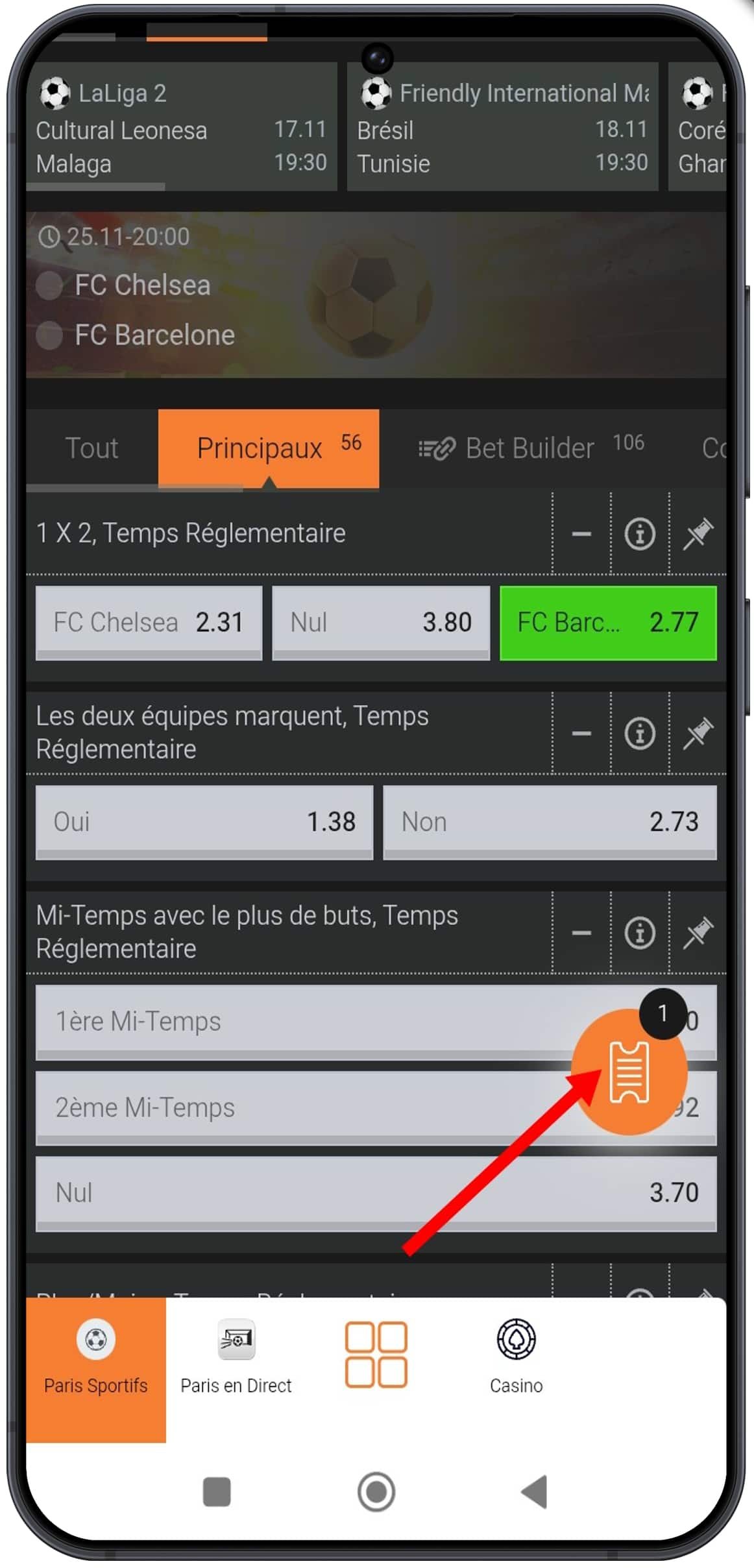 Cliquez sur le billet de pari