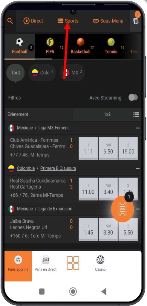 Accéder au menu « Sport »