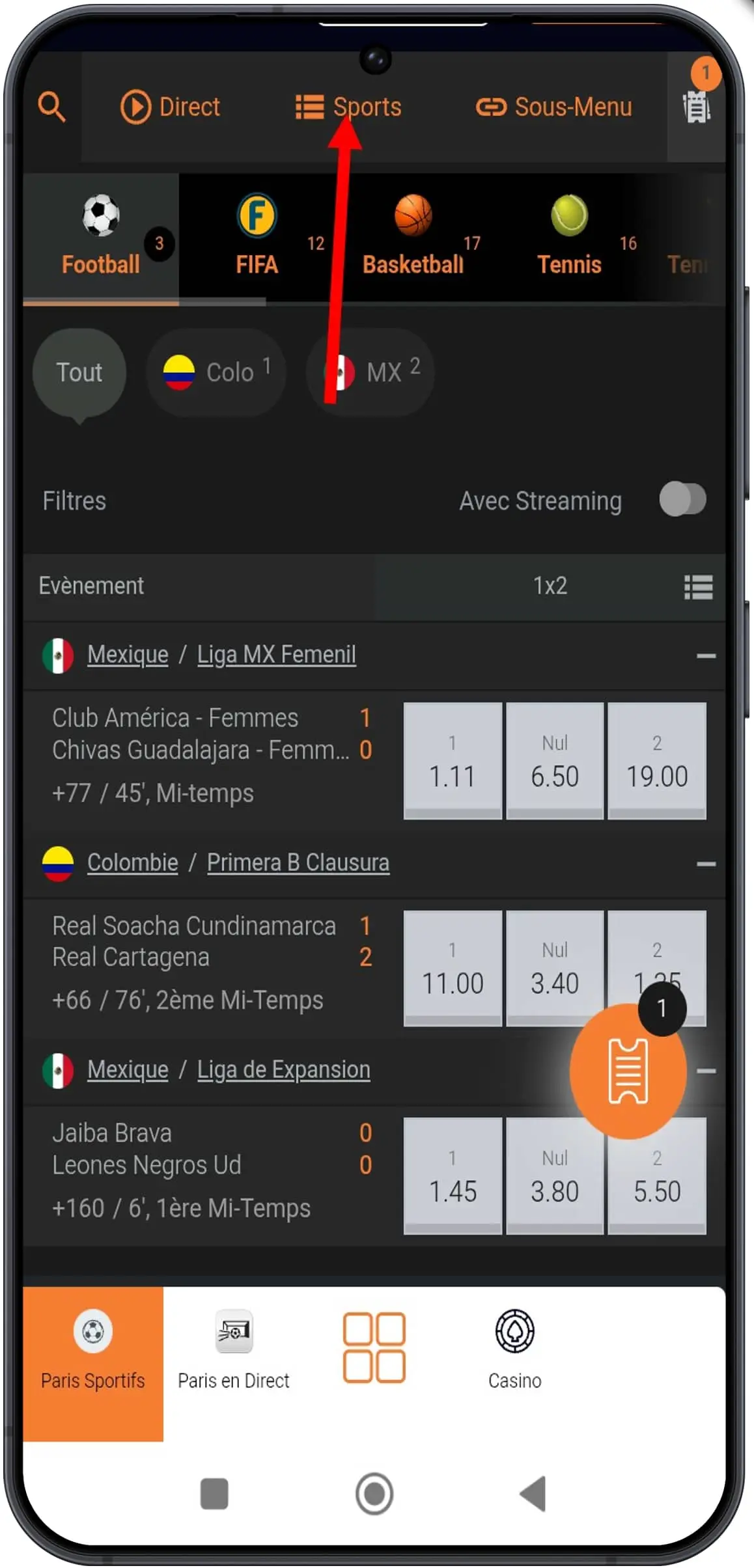 Accéder au menu « Sport »