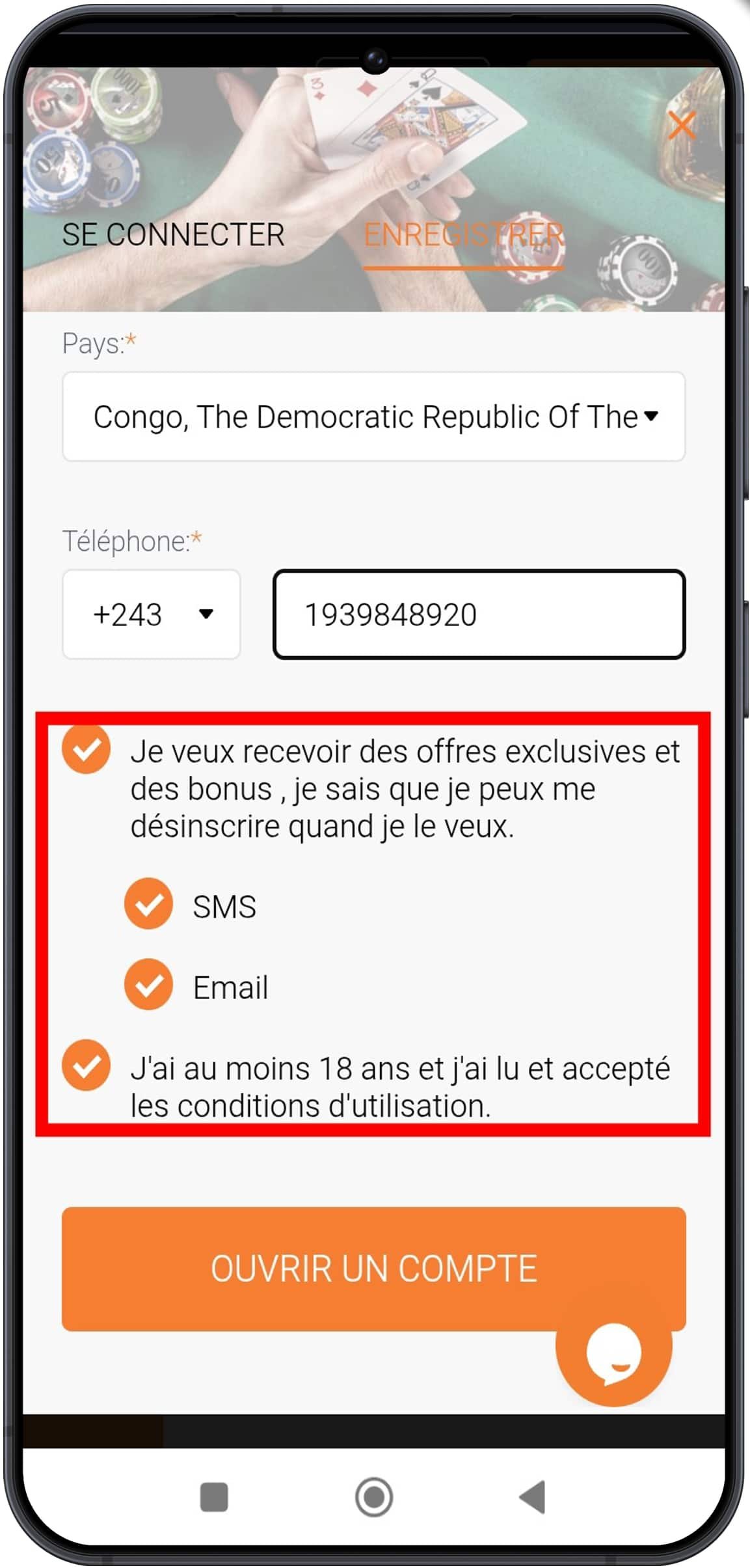 Confirmer les conditions et accepter le bonus