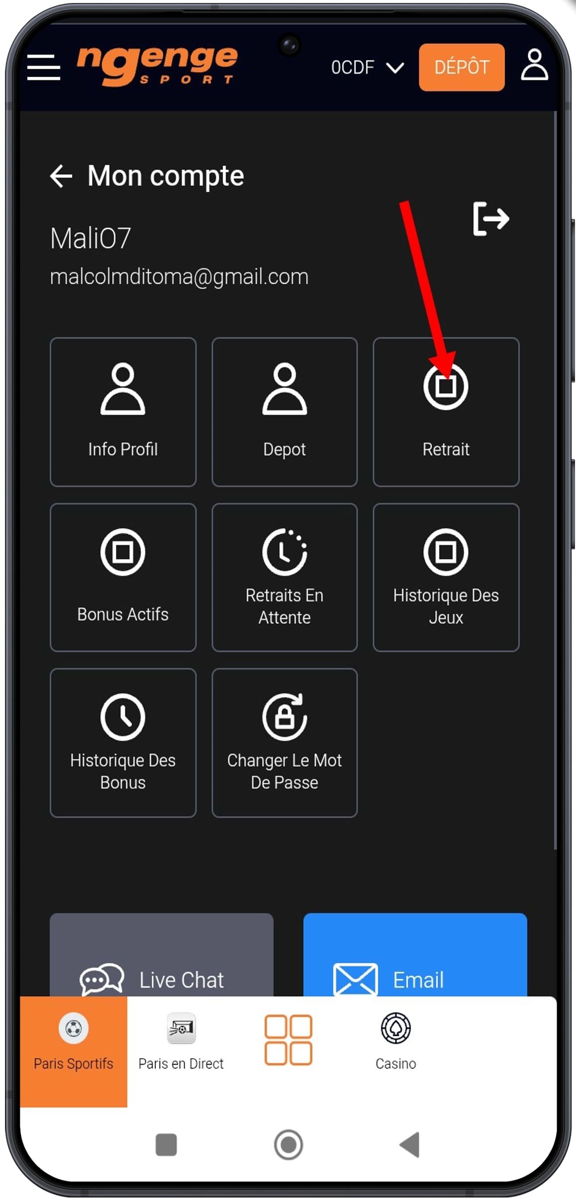 Cliquer sur « Retrait »