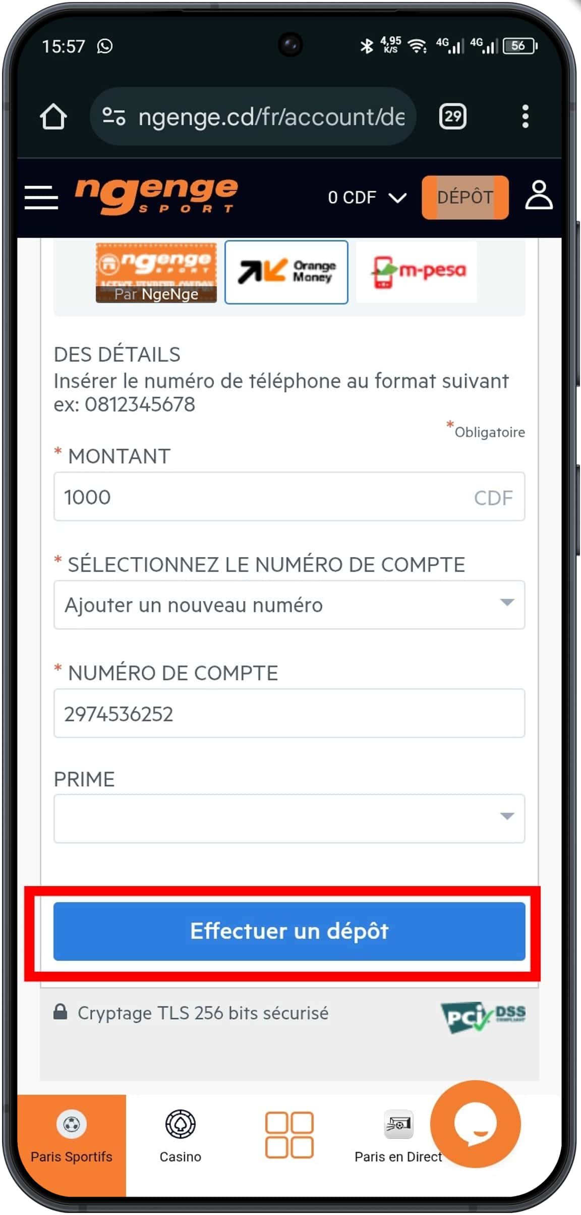Saisir le montant à déposer et fournir les données