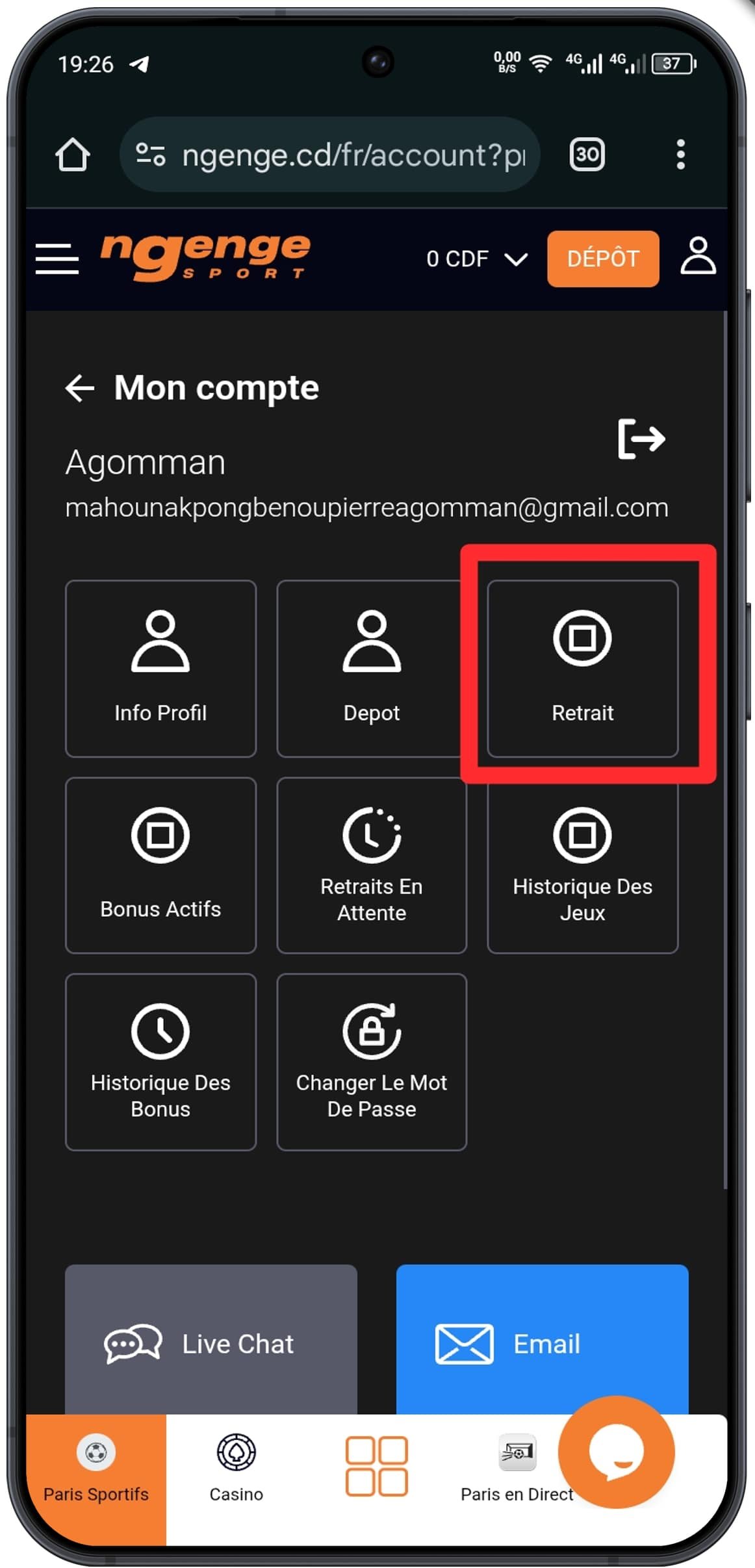 Accédez à la section de retrait