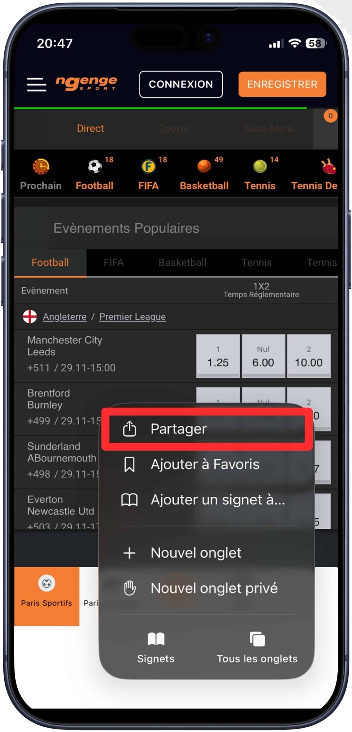 Accéder au menu de partage
