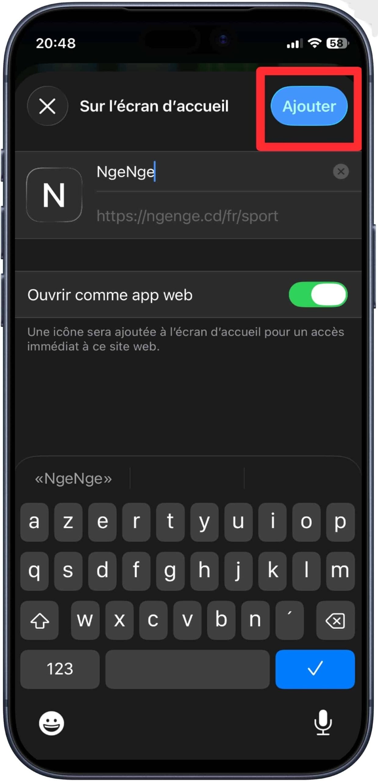 Nommer et valider le raccourci