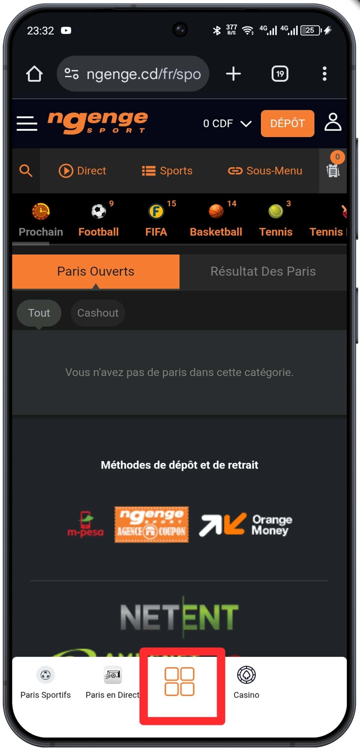 Accès au menu principal