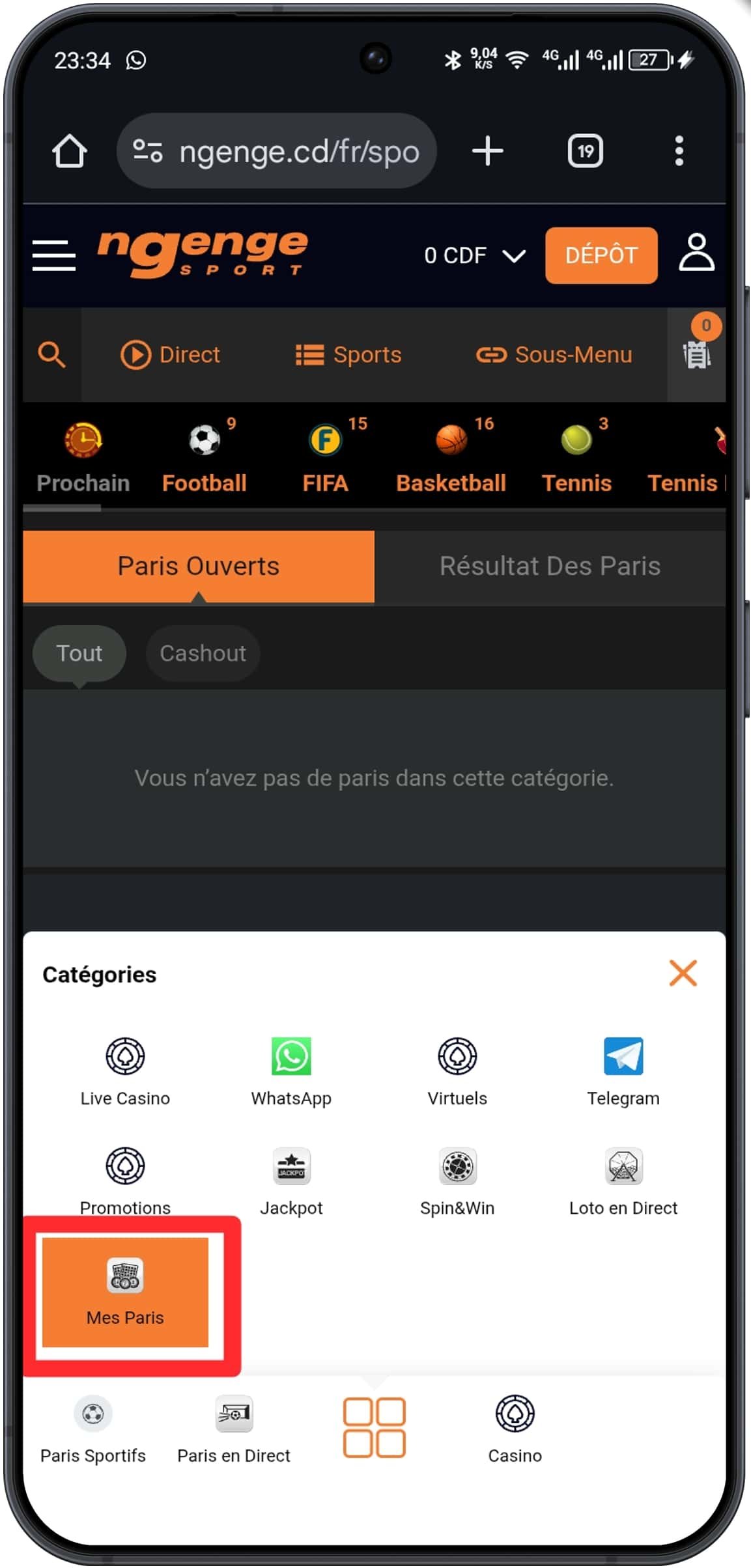 Accéder à la rubrique « Mes paris »