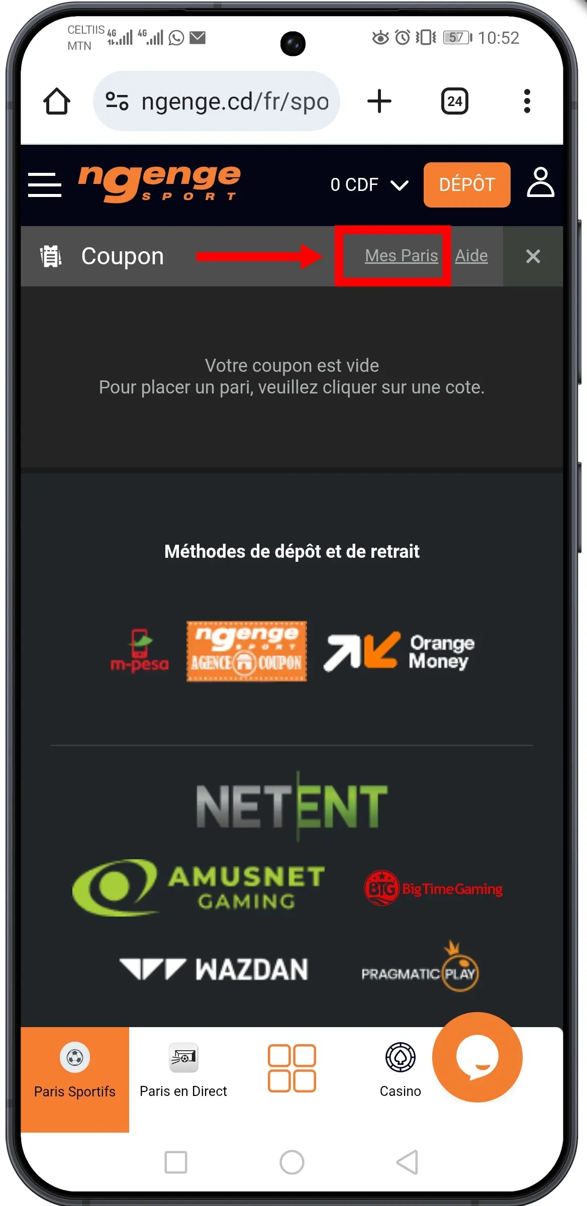 Aller dans la section « Mes paris »