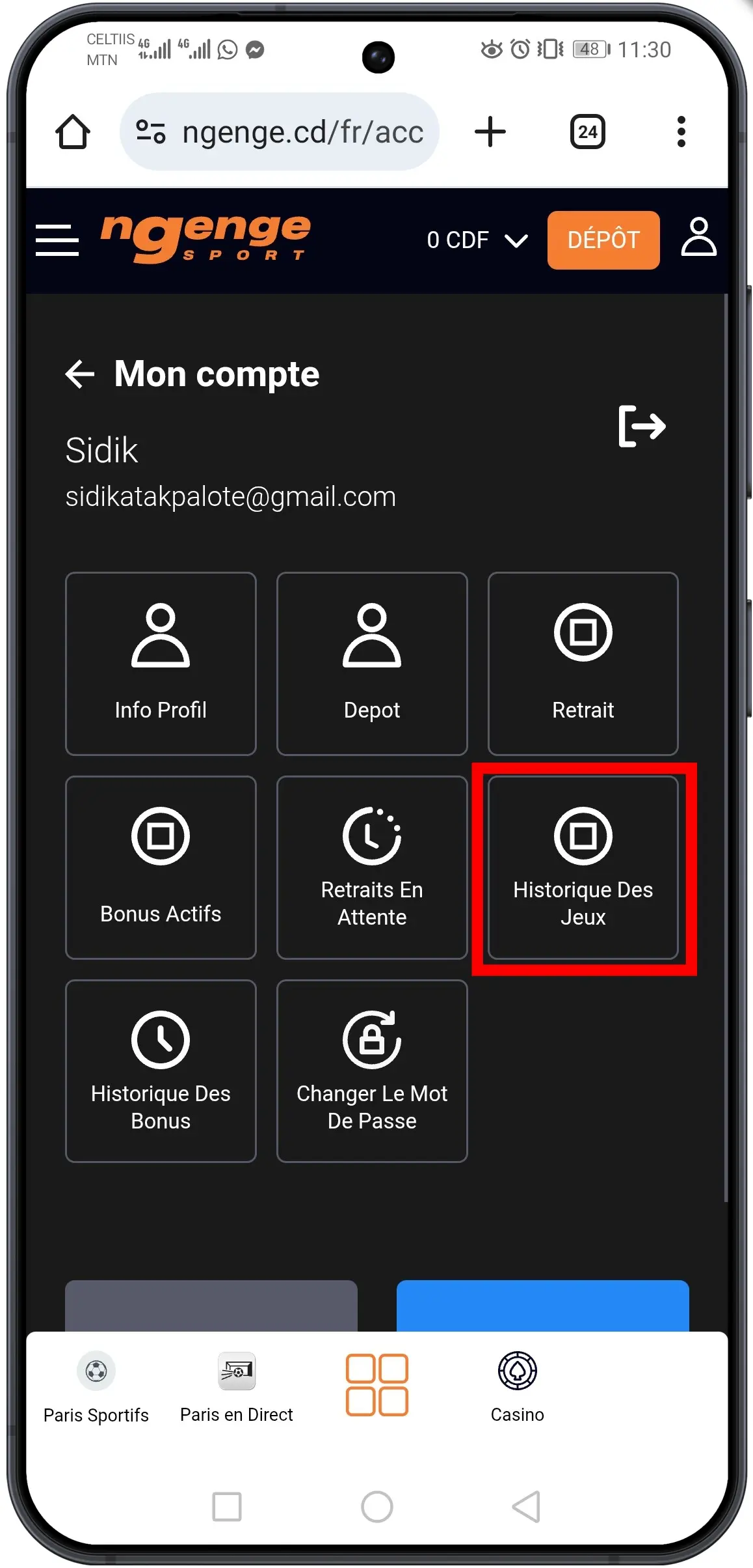 Se rendre dans l’historique des jeux