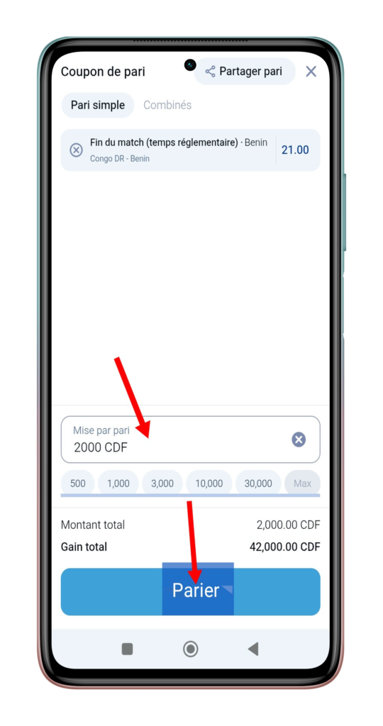 Entrer le montant et valider le pari