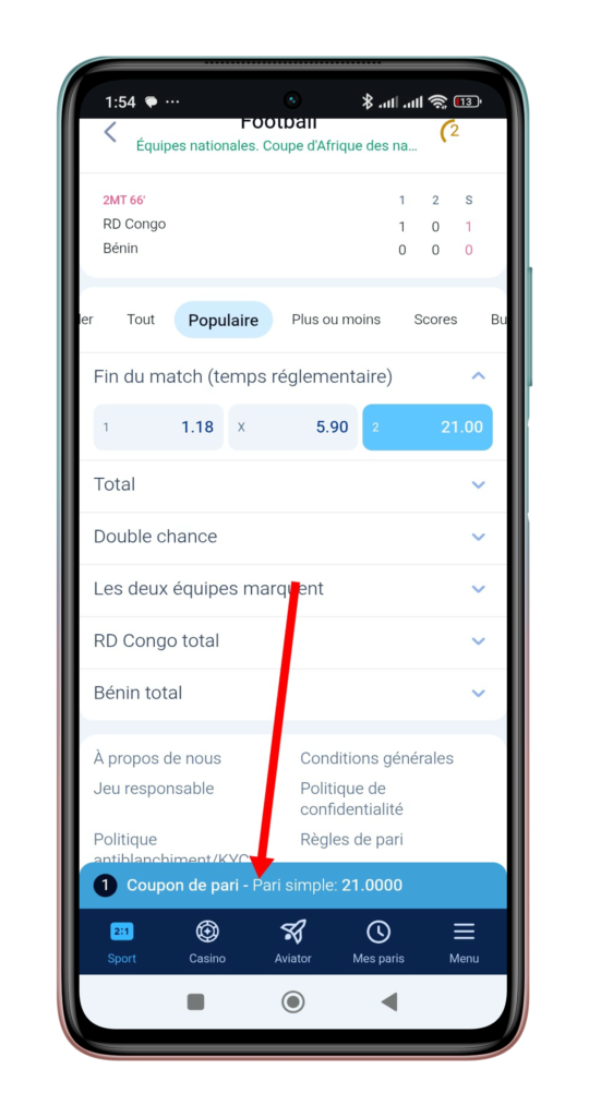 Cliquer sur le coupon de pari