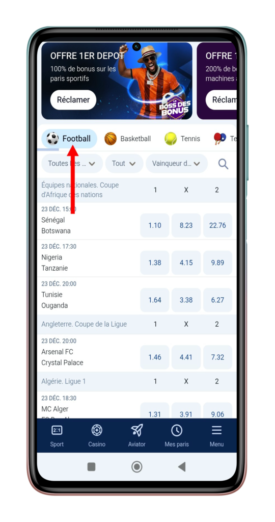 Choisir le sport souhaité