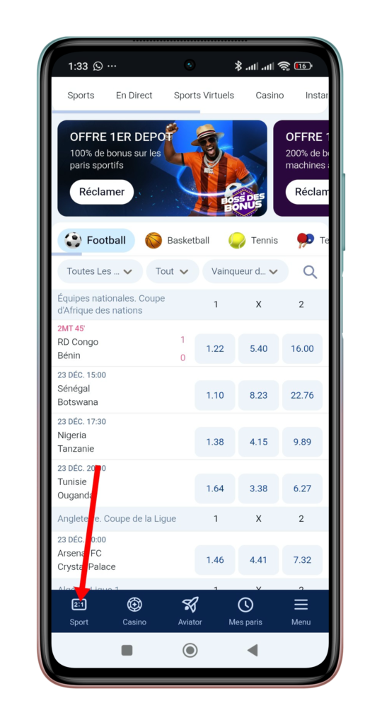 Accéder à la section “Sport”